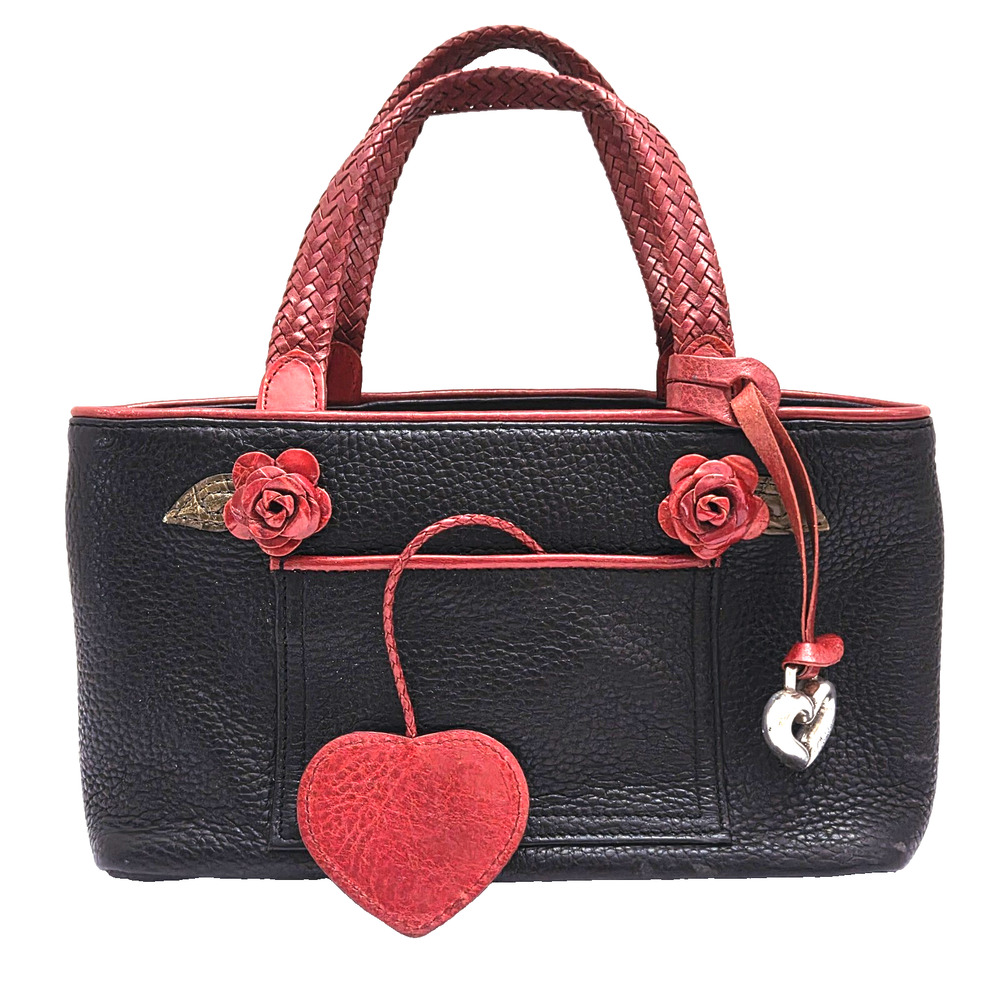 Brighton Black Red Leather Satchel Tote Floral Rose Purse Heart Charm Leather